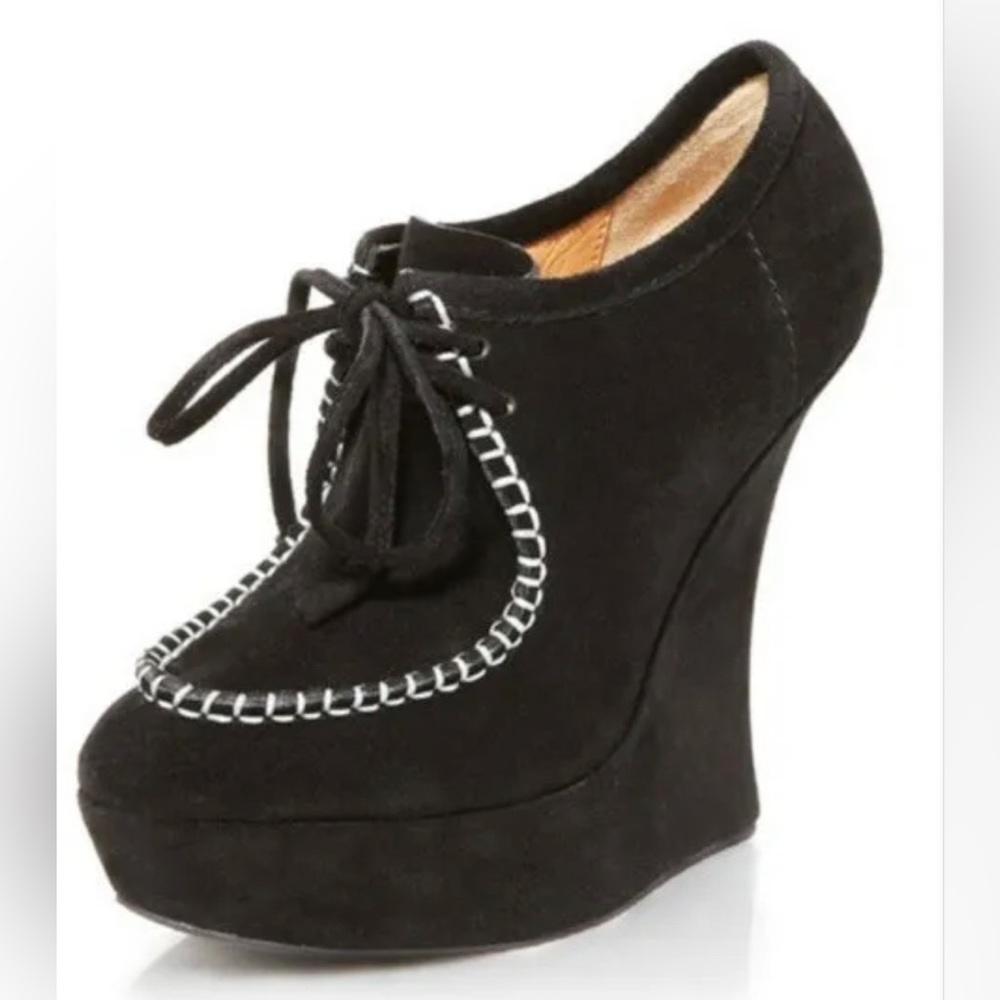L.A.M.B. Black Suede Lace-Up Wedge Booties with White Stitching
